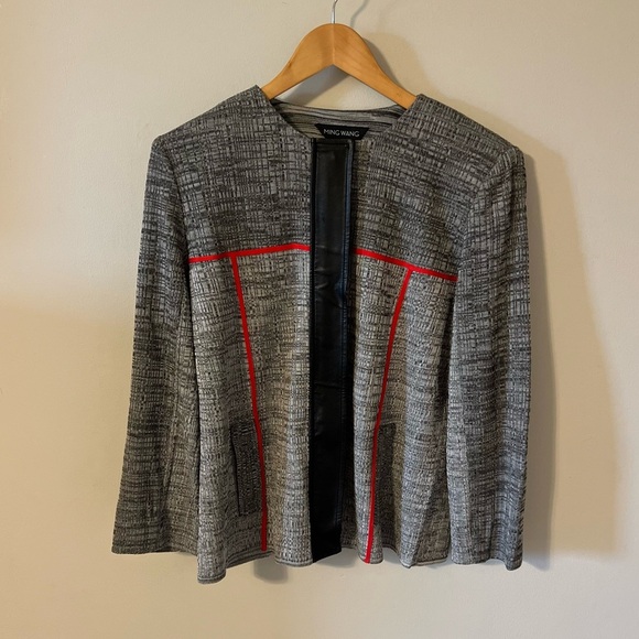 MING WANG Grey and Red Textured Jacket with Faux Leather Trim Large - Picture 1 of 11